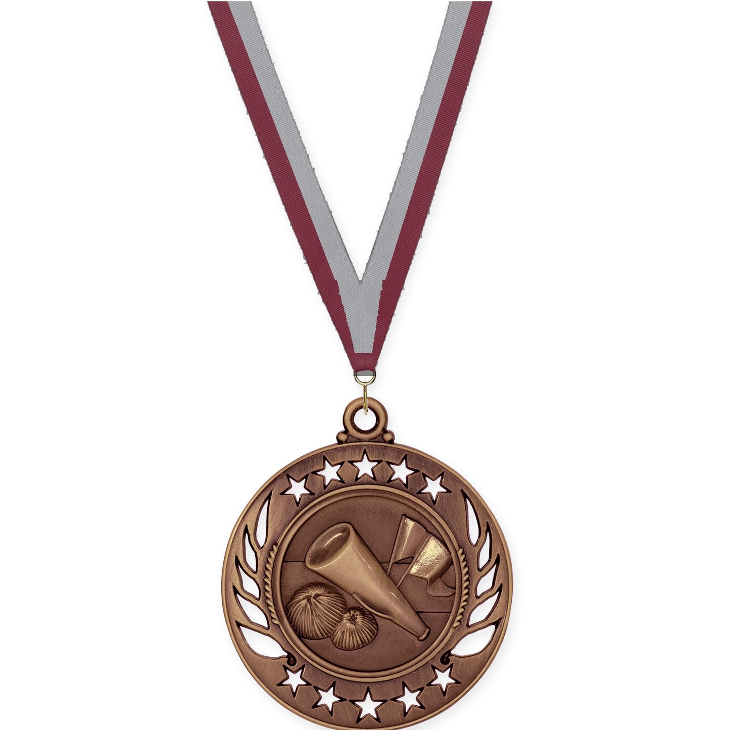 2 1/4 inch cheerleading Galaxy medal in antique bronze with Maroon Gray neck ribbon