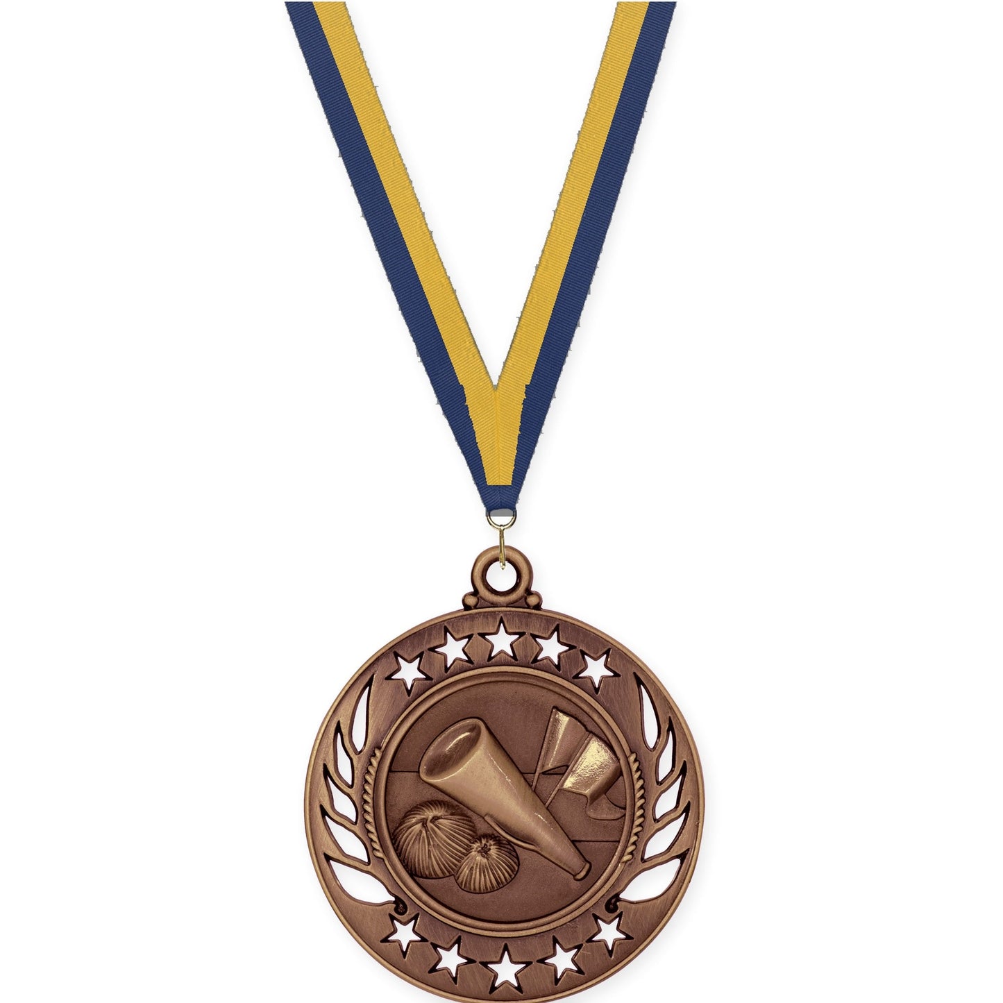 2 1/4 inch cheerleading Galaxy medal in antique bronze with Navy Gold neck ribbon