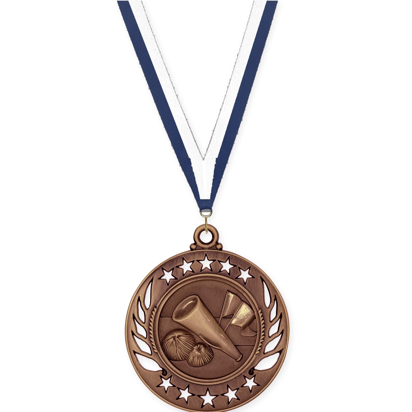 2 1/4 inch cheerleading Galaxy medal in antique bronze with Navy White neck ribbon
