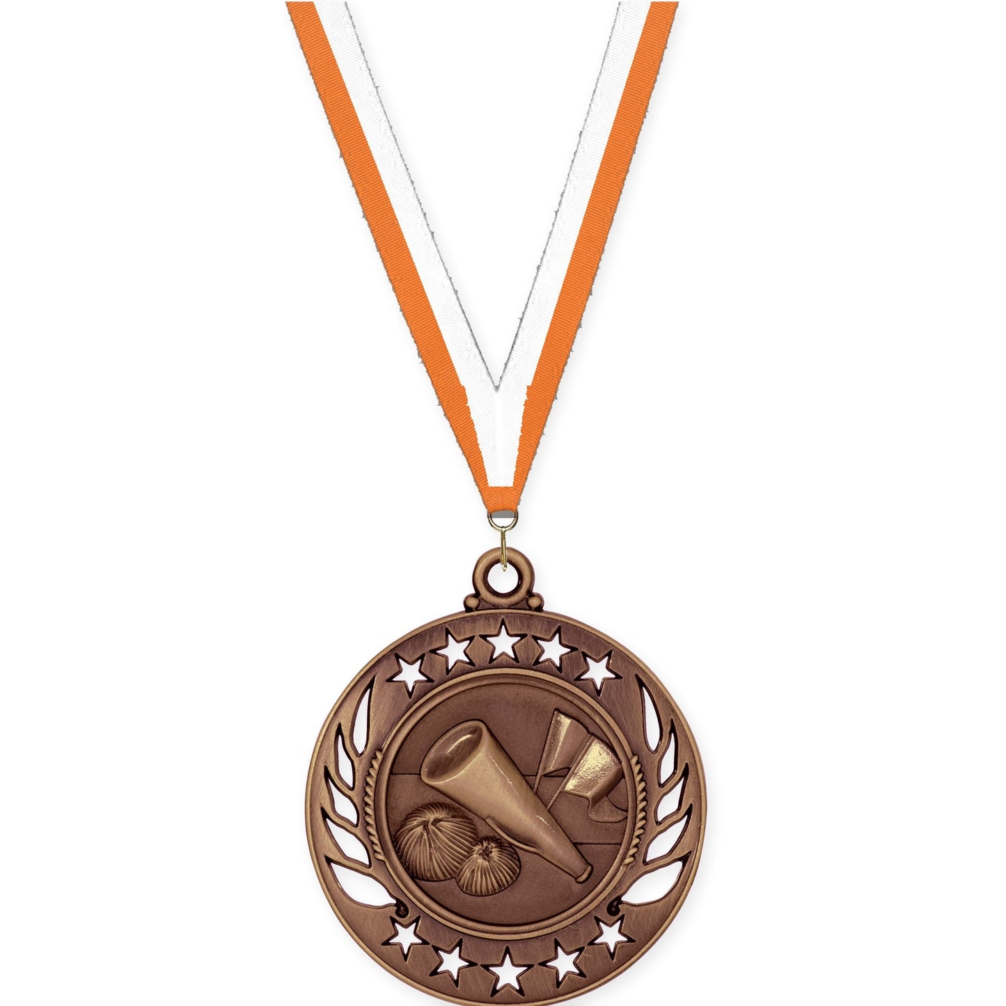 2 1/4 inch cheerleading Galaxy medal in antique bronze with Orange White neck ribbon
