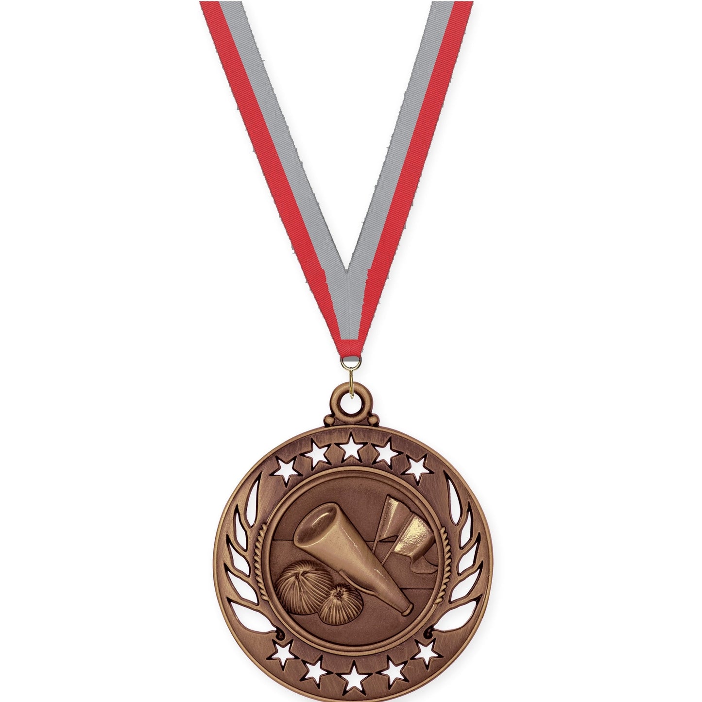 2 1/4 inch cheerleading Galaxy medal in antique bronze with Red Gray neck ribbon