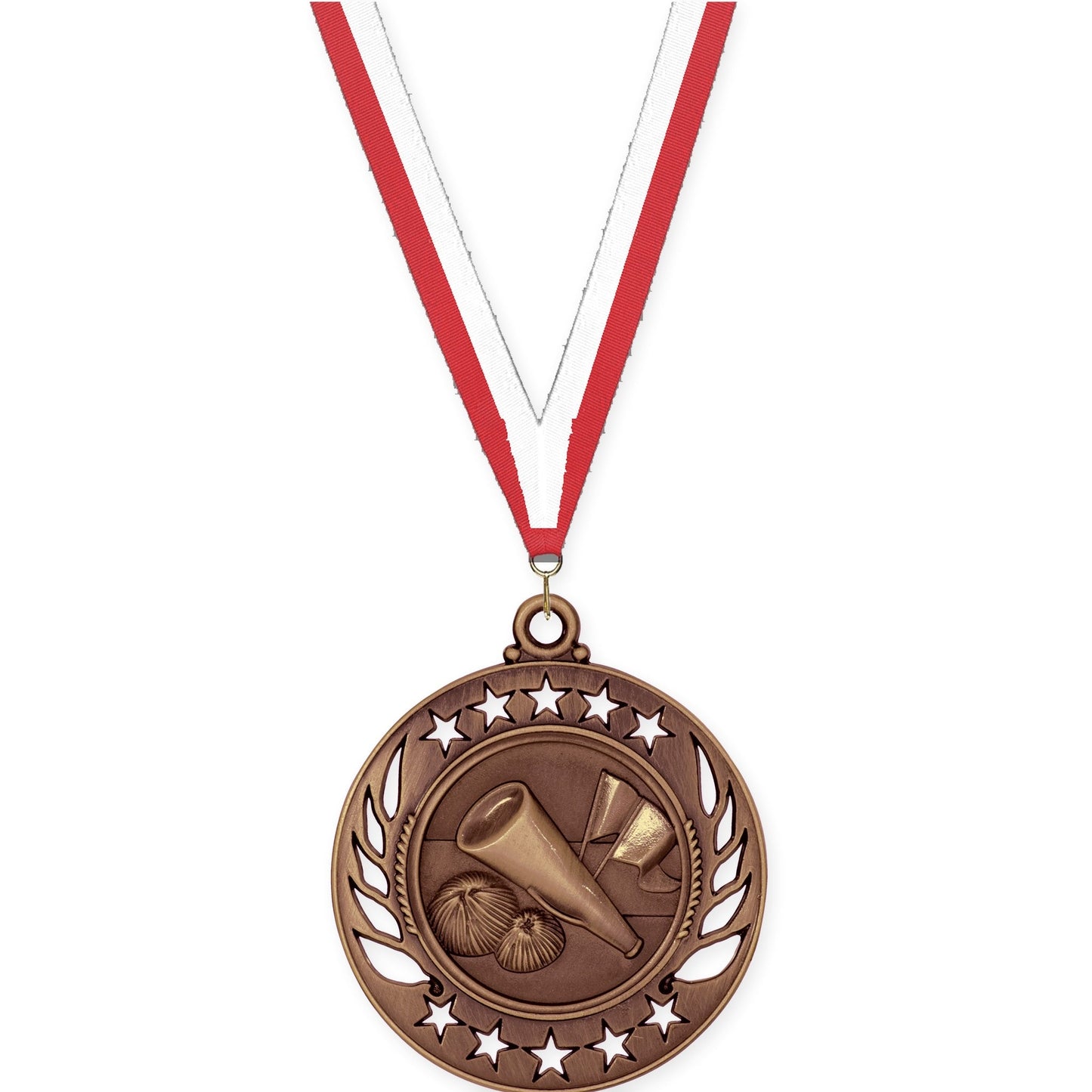 2 1/4 inch cheerleading Galaxy medal in antique bronze with Red White neck ribbon
