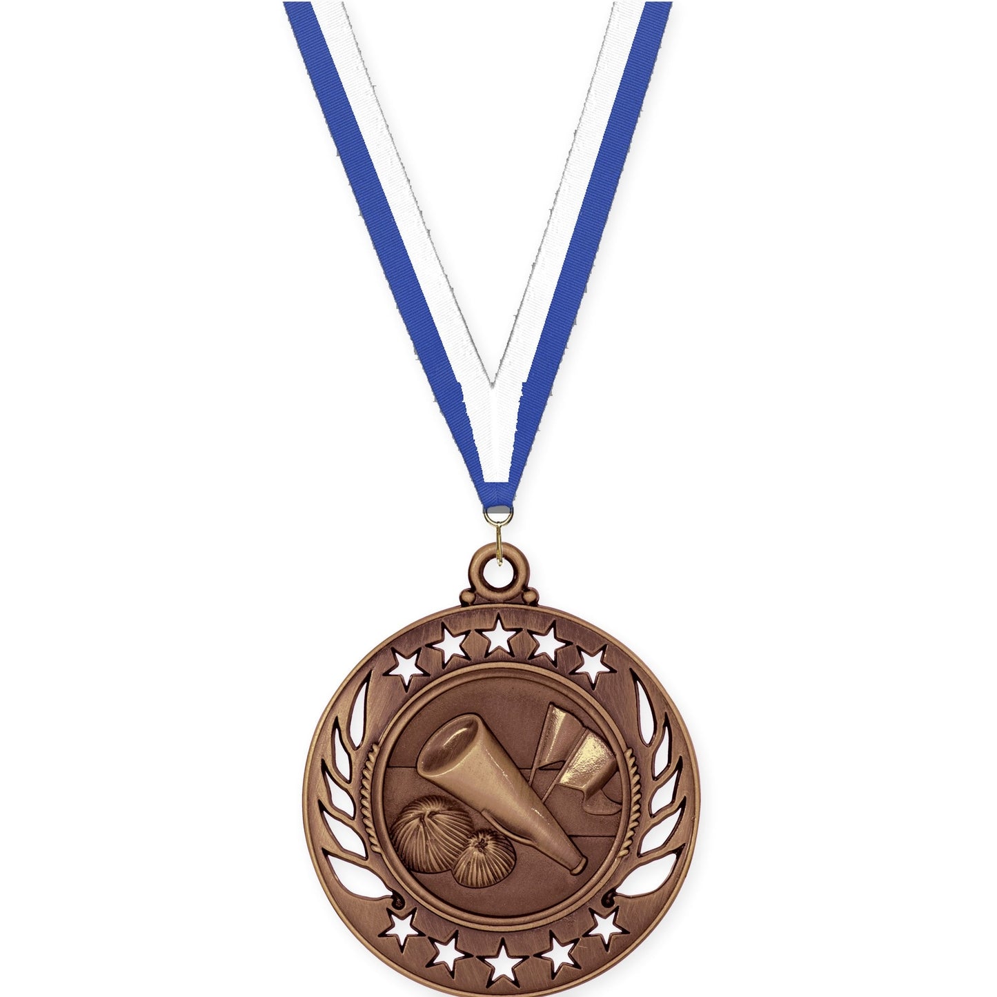 2 1/4 inch cheerleading Galaxy medal in antique bronze with Blue White neck ribbon