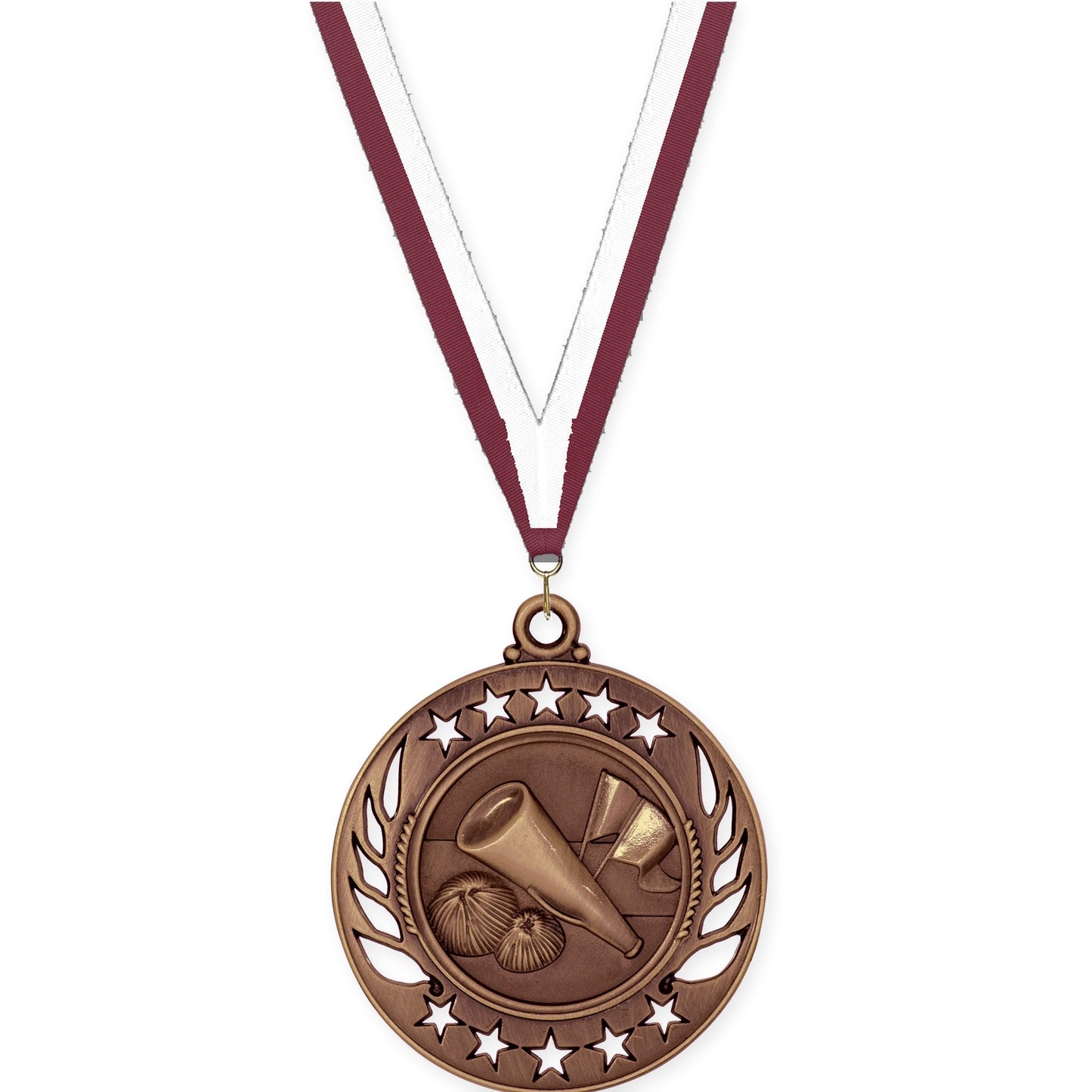 2 1/4 inch cheerleading Galaxy medal in antique bronze with Maroon White neck ribbon