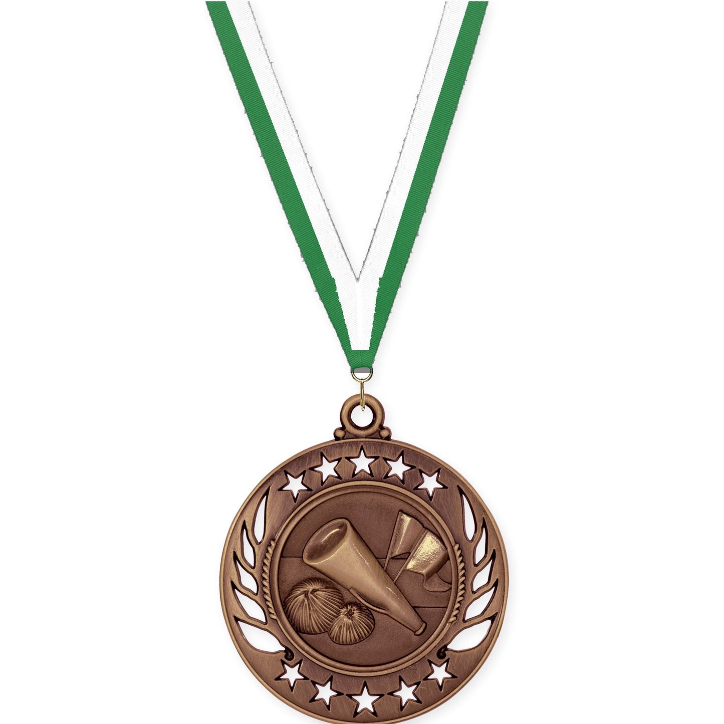 2 1/4 inch cheerleading Galaxy medal in antique bronze with Green White neck ribbon