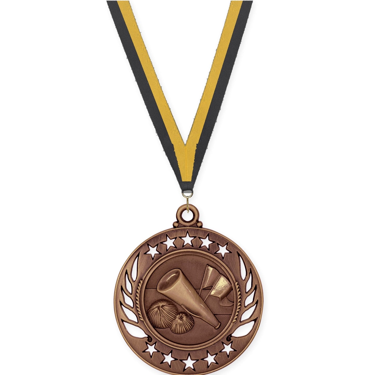2 1/4 inch cheerleading Galaxy medal in antique bronze with Black Gold neck ribbon