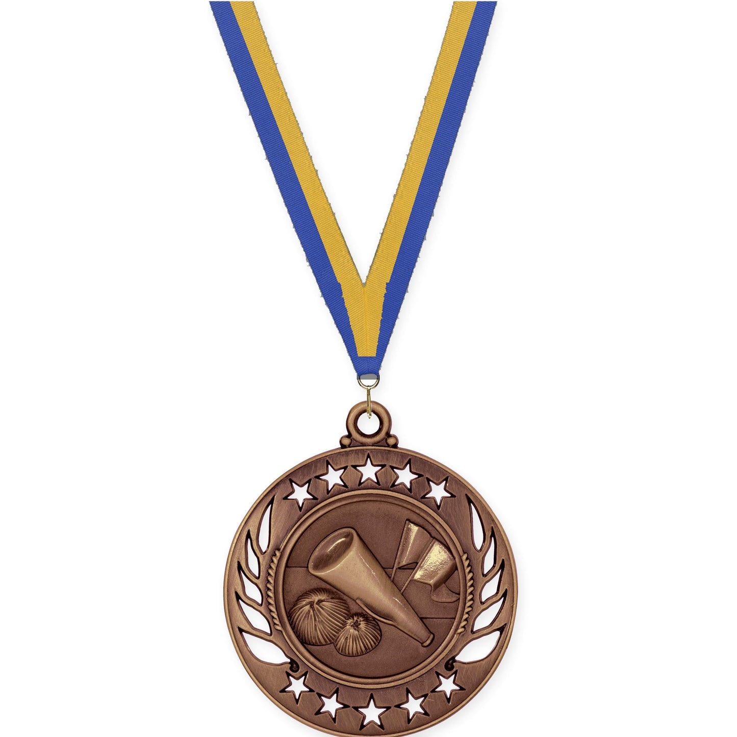 2 1/4 inch cheerleading Galaxy medal in antique bronze with Blue Gold neck ribbon