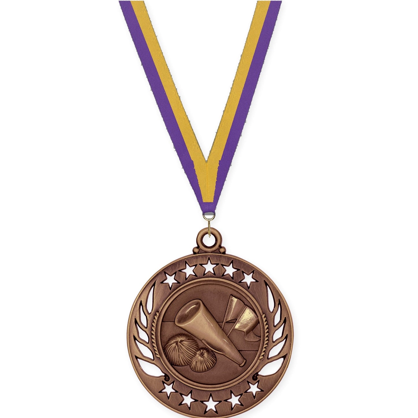 2 1/4 inch cheerleading Galaxy medal in antique bronze with Purple Gold neck ribbon