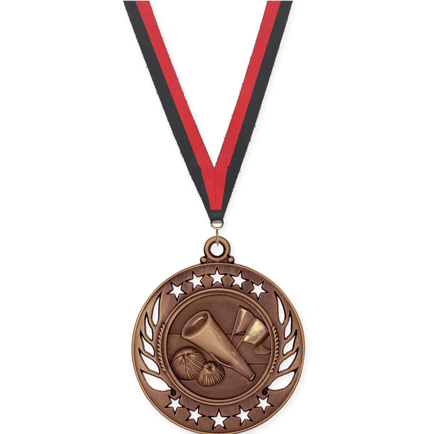 2 1/4 inch cheerleading Galaxy medal in antique bronze with Black Red neck ribbon