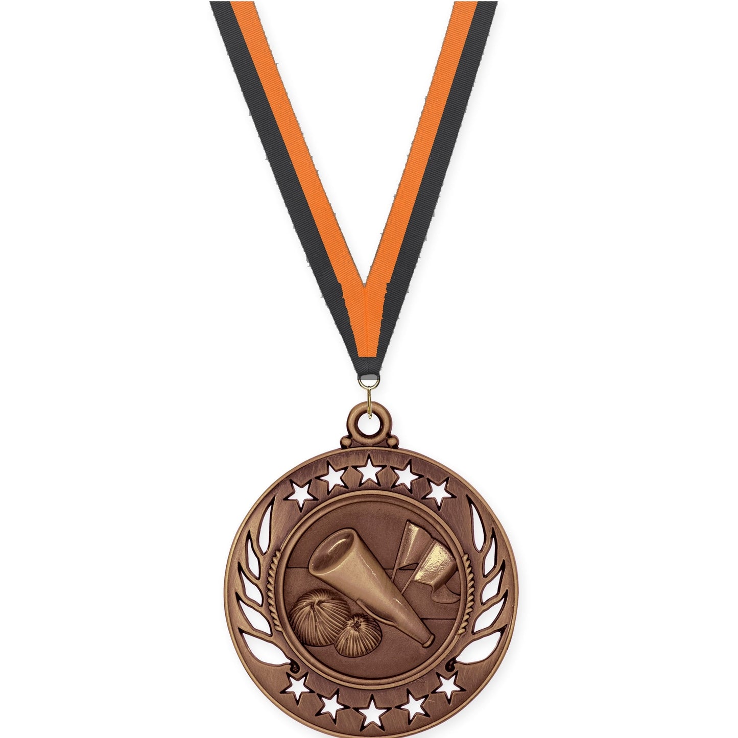 2 1/4 inch cheerleading Galaxy medal in antique bronze with Black Orange neck ribbon