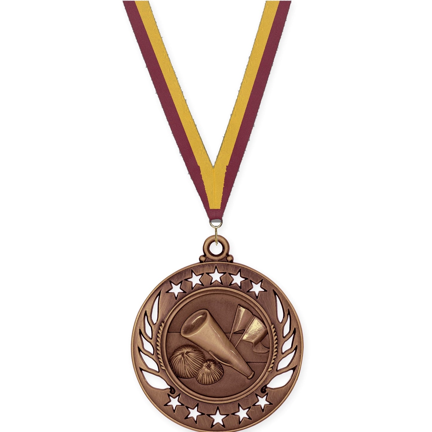 2 1/4 inch cheerleading Galaxy medal in antique bronze with Maroon Gold neck ribbon