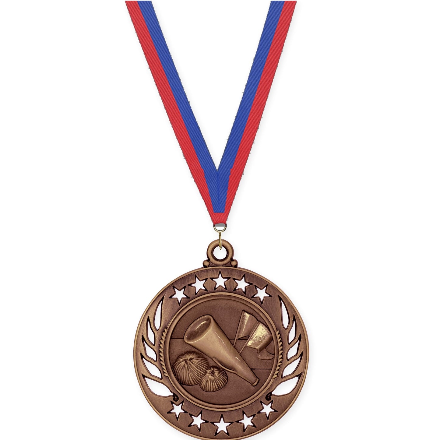 2 1/4 inch cheerleading Galaxy medal in antique bronze with Blue Red neck ribbon