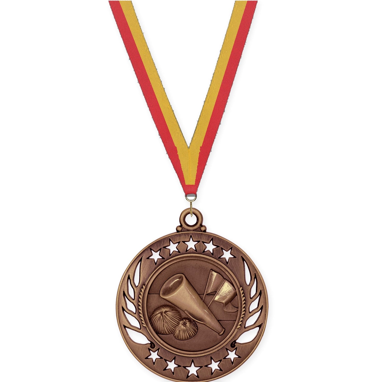 2 1/4 inch cheerleading Galaxy medal in antique bronze with Red Gold neck ribbon