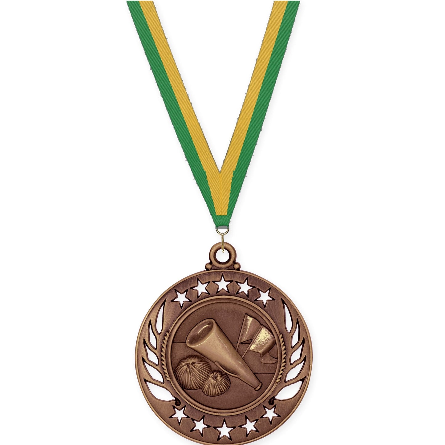 2 1/4 inch cheerleading Galaxy medal in antique bronze with Green Gold neck ribbon