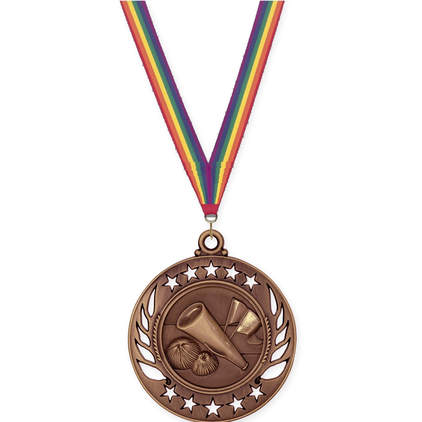 2 1/4 inch cheerleading Galaxy medal in antique bronze with Rainbow neck ribbon