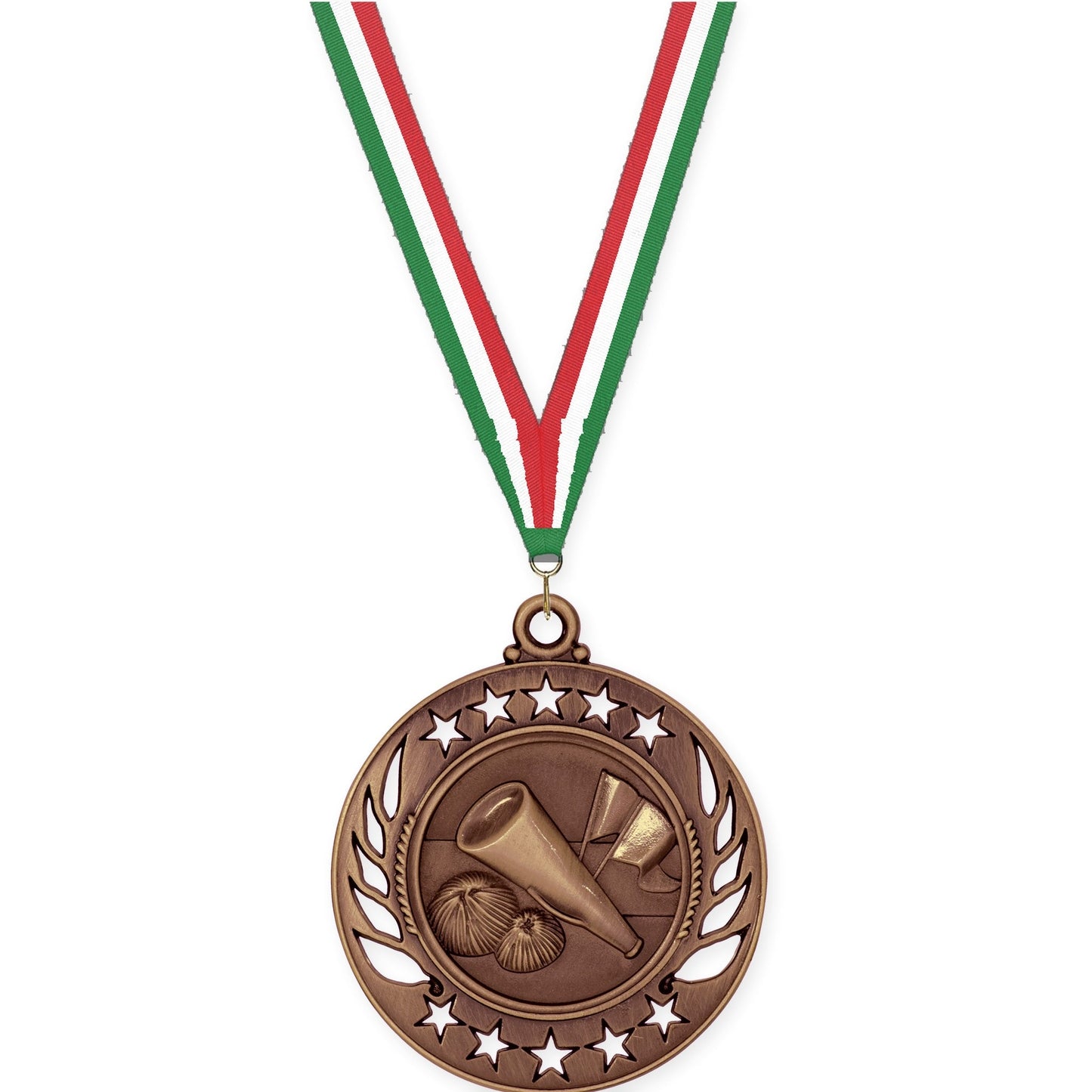 2 1/4 inch cheerleading Galaxy medal in antique bronze with Green White Red neck ribbon