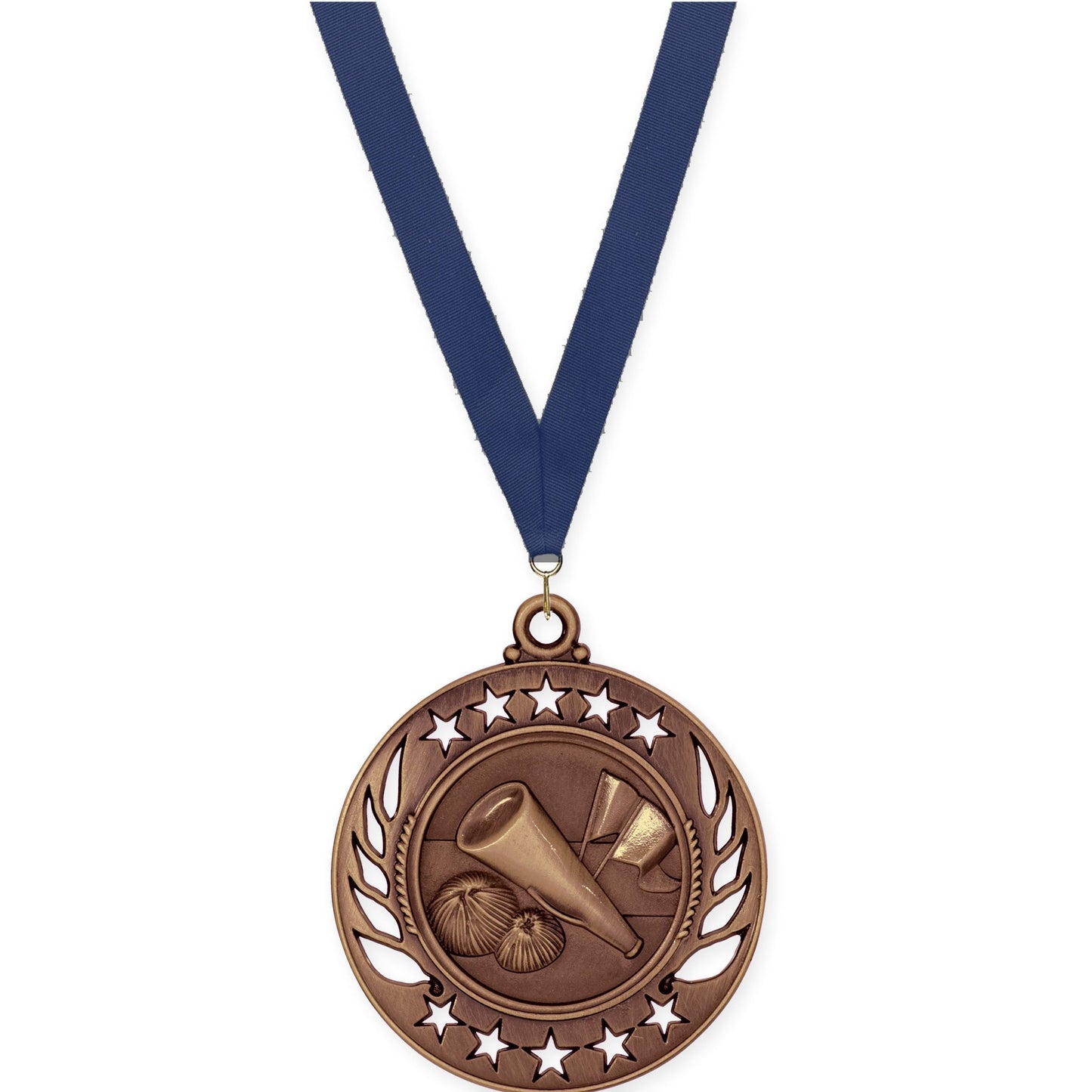 2 1/4 inch cheerleading Galaxy medal in antique bronze with Navy neck ribbon