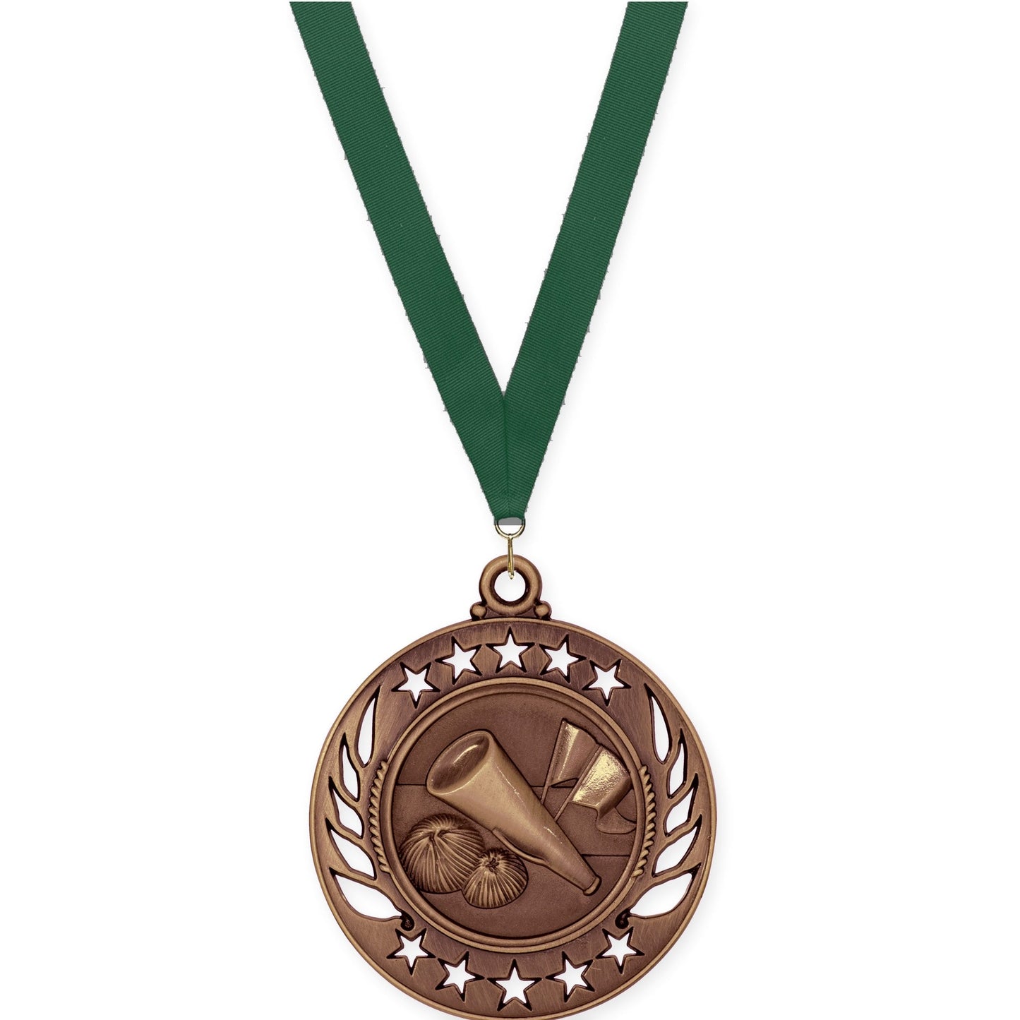 2 1/4 inch cheerleading Galaxy medal in antique bronze with Hunter Green neck ribbon