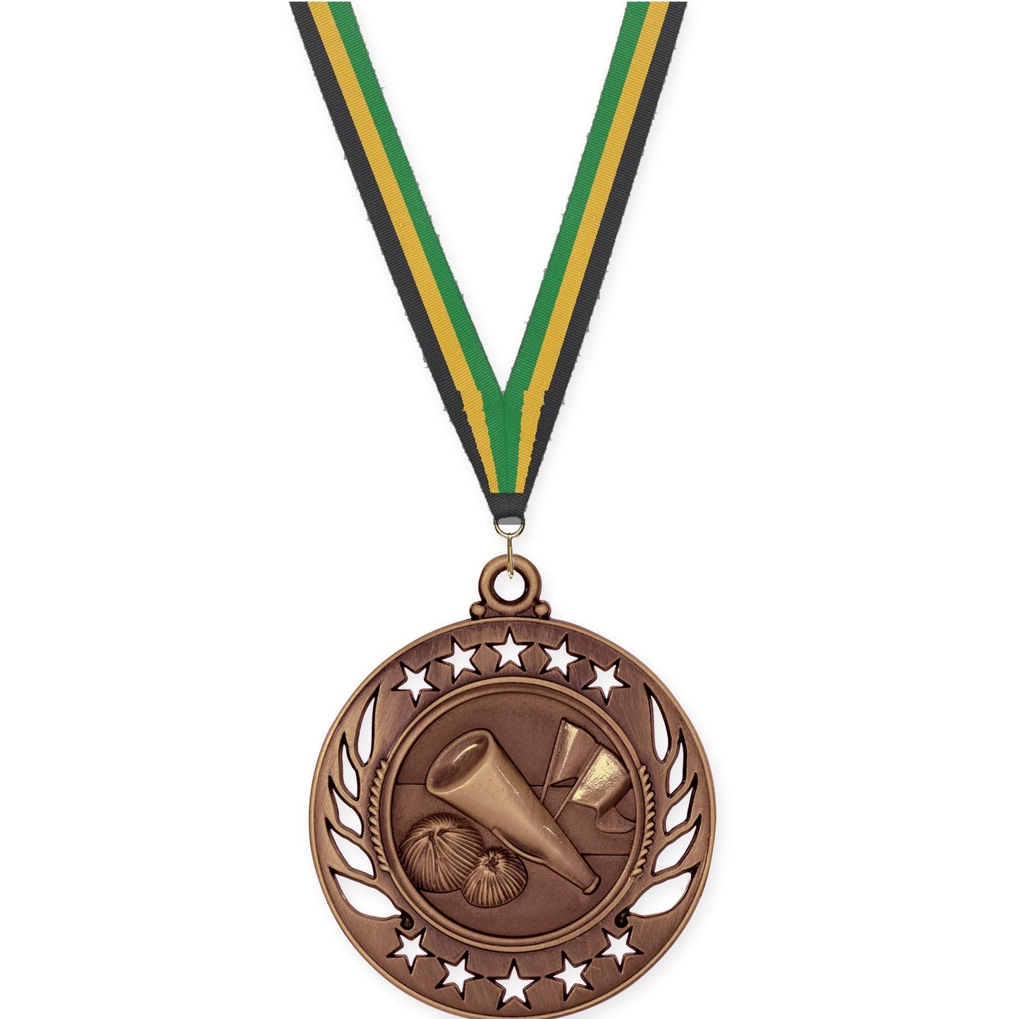 2 1/4 inch cheerleading Galaxy medal in antique bronze with Black Gold Green neck ribbon
