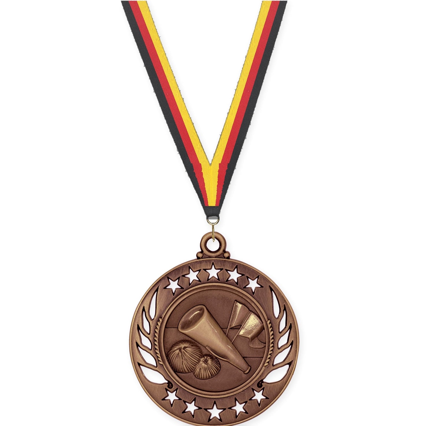 2 1/4 inch cheerleading Galaxy medal in antique bronze with Black Red Yellow neck ribbon