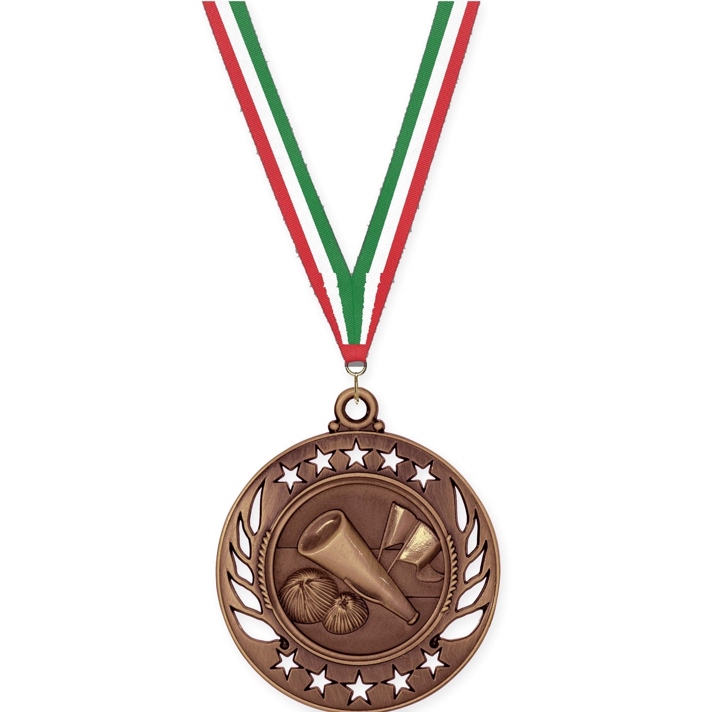 2 1/4 inch cheerleading Galaxy medal in antique bronze with Red White Green neck ribbon