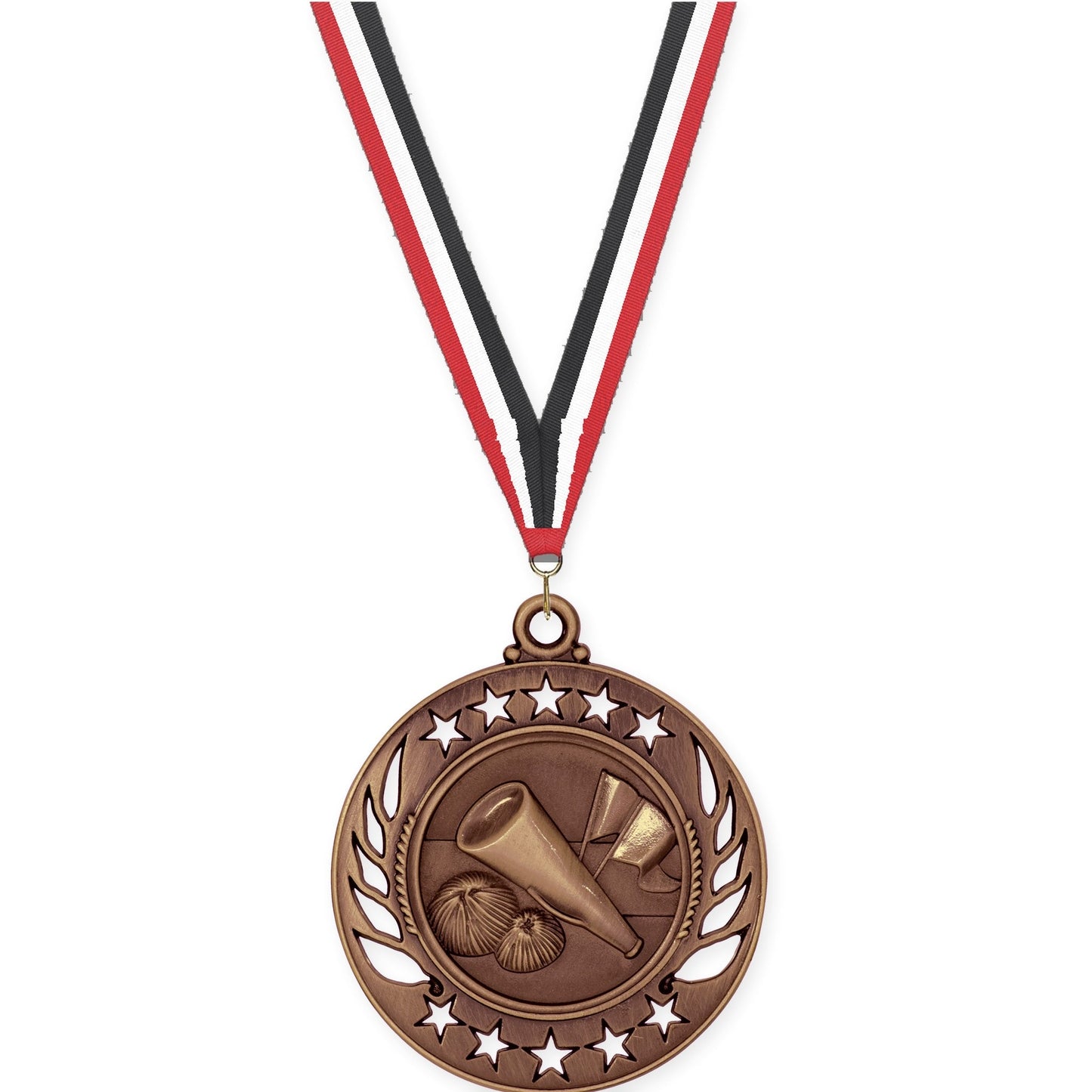 2 1/4 inch cheerleading Galaxy medal in antique bronze with Red White Black neck ribbon