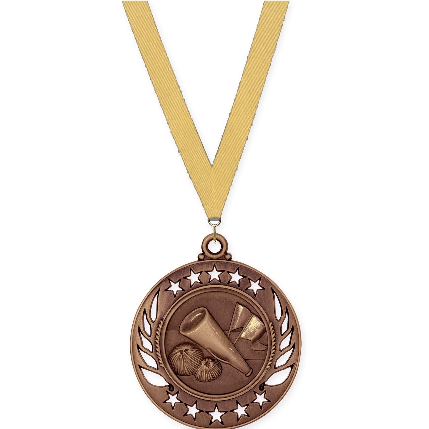 2 1/4 inch cheerleading Galaxy medal in antique bronze with Gold Metallic neck ribbon