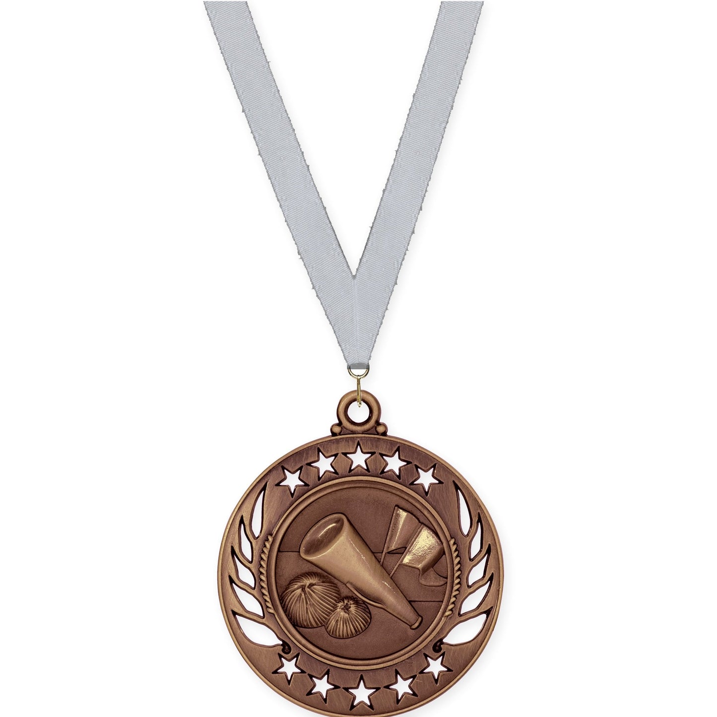 2 1/4 inch cheerleading Galaxy medal in antique bronze with Silver Metallic neck ribbon