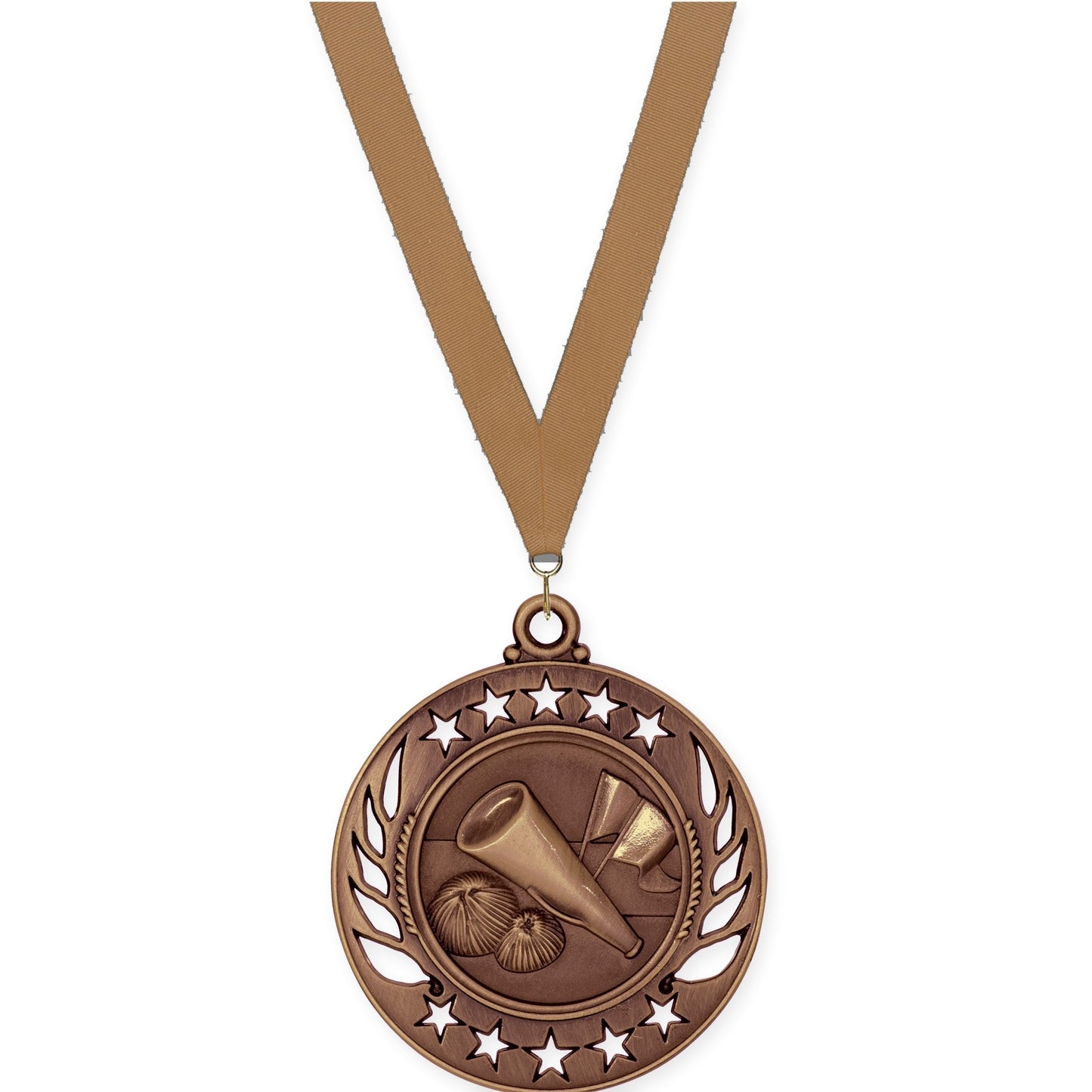 2 1/4 inch cheerleading Galaxy medal in antique bronze with Bronze Metallic neck ribbon