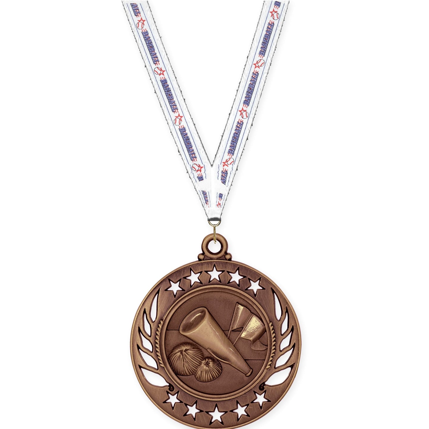 2 1/4 inch cheerleading Galaxy medal in antique bronze with Baseball neck ribbon