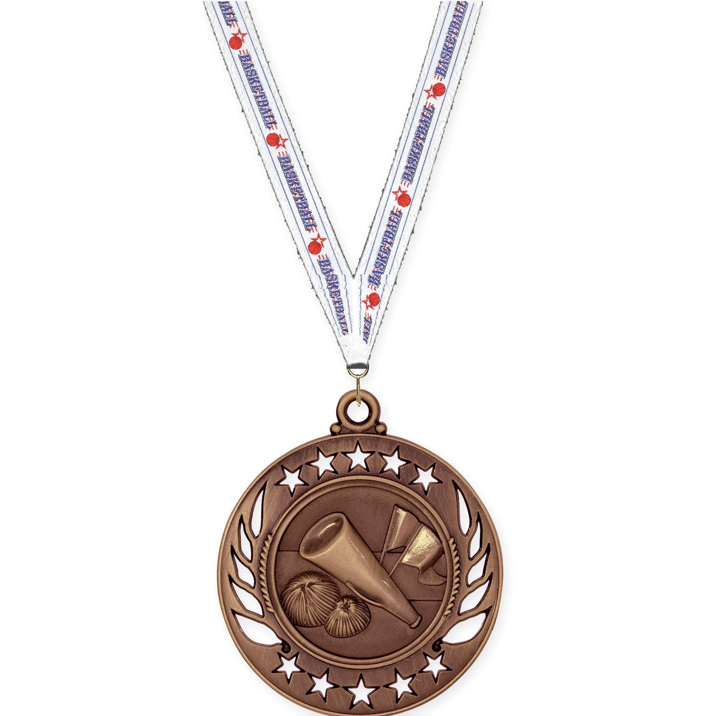2 1/4 inch cheerleading Galaxy medal in antique bronze with Basketball neck ribbon