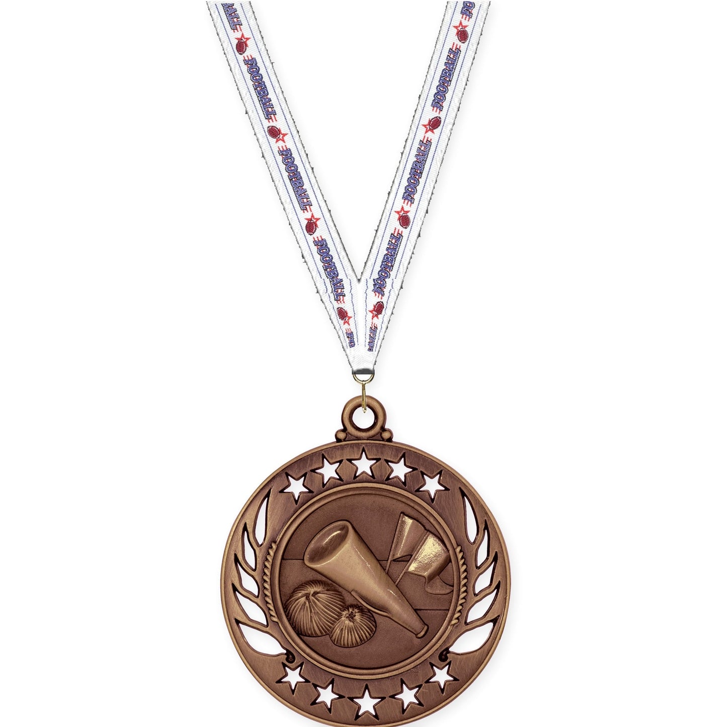 2 1/4 inch cheerleading Galaxy medal in antique bronze with Football neck ribbon