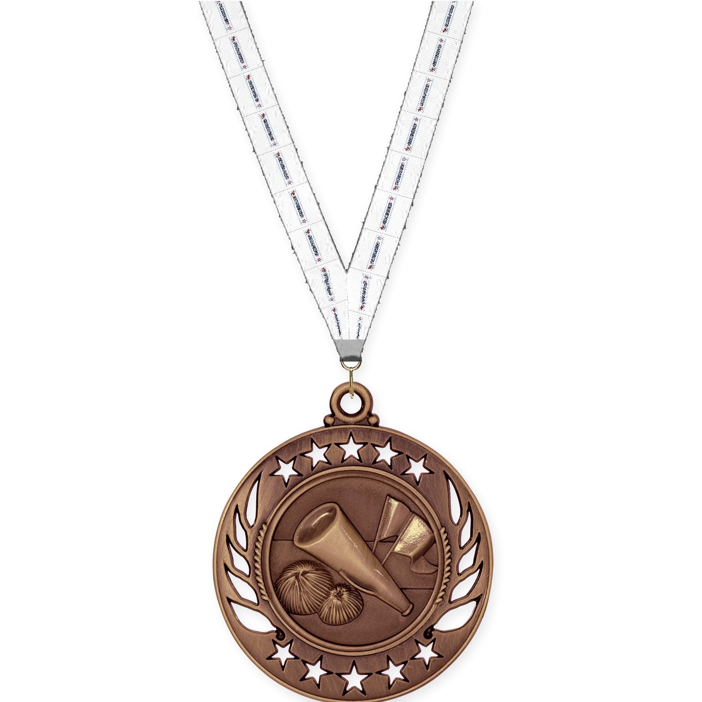 2 1/4 inch cheerleading Galaxy medal in antique bronze with Gymnastics neck ribbon