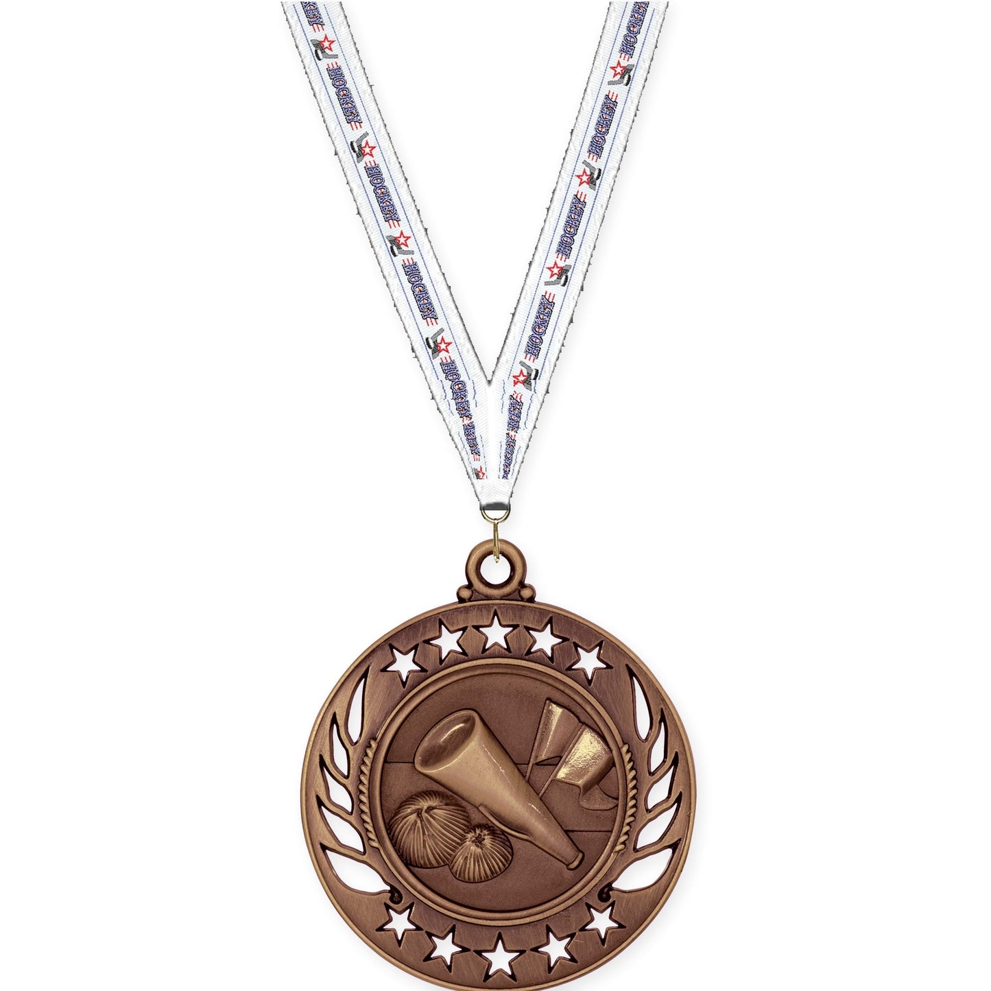 2 1/4 inch cheerleading Galaxy medal in antique bronze with Hockey neck ribbon