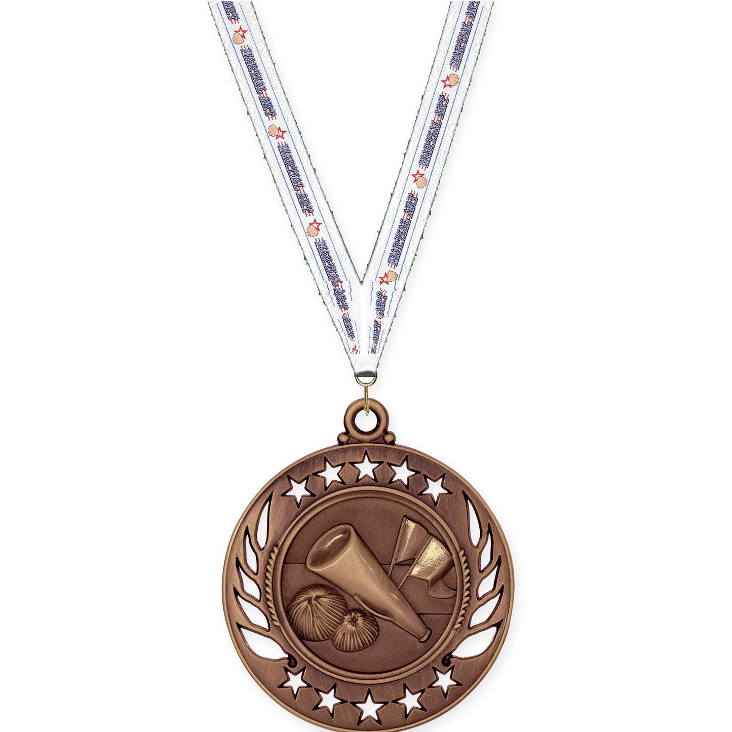 2 1/4 inch cheerleading Galaxy medal in antique bronze with Martial Arts neck ribbon