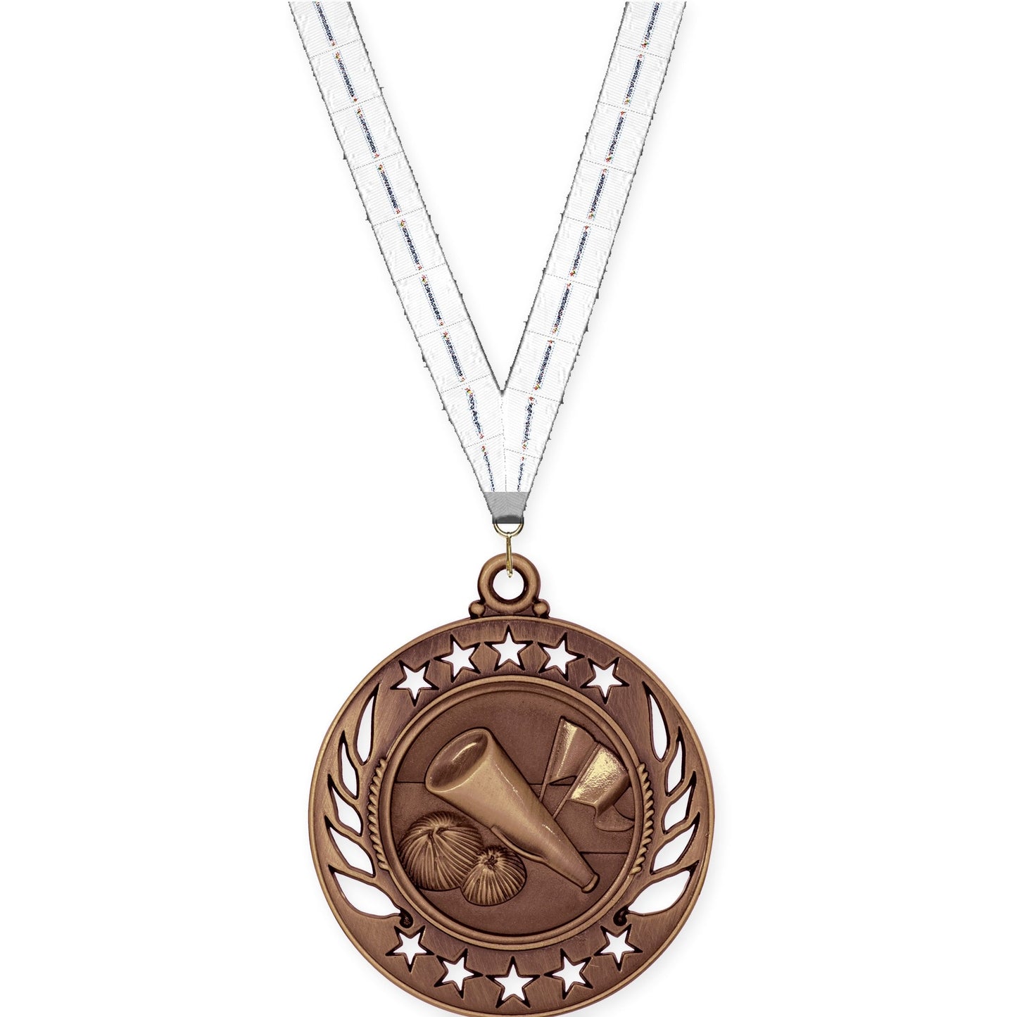 2 1/4 inch cheerleading Galaxy medal in antique bronze with Lamp Of Knowledge neck ribbon