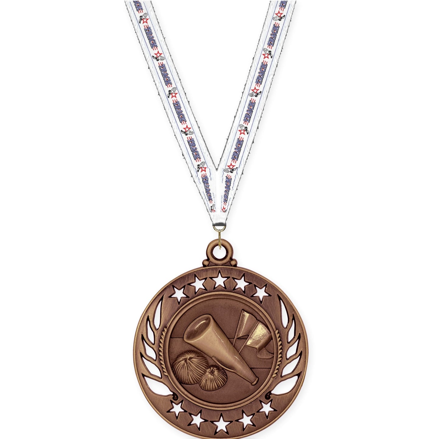 2 1/4 inch cheerleading Galaxy medal in antique bronze with Track neck ribbon
