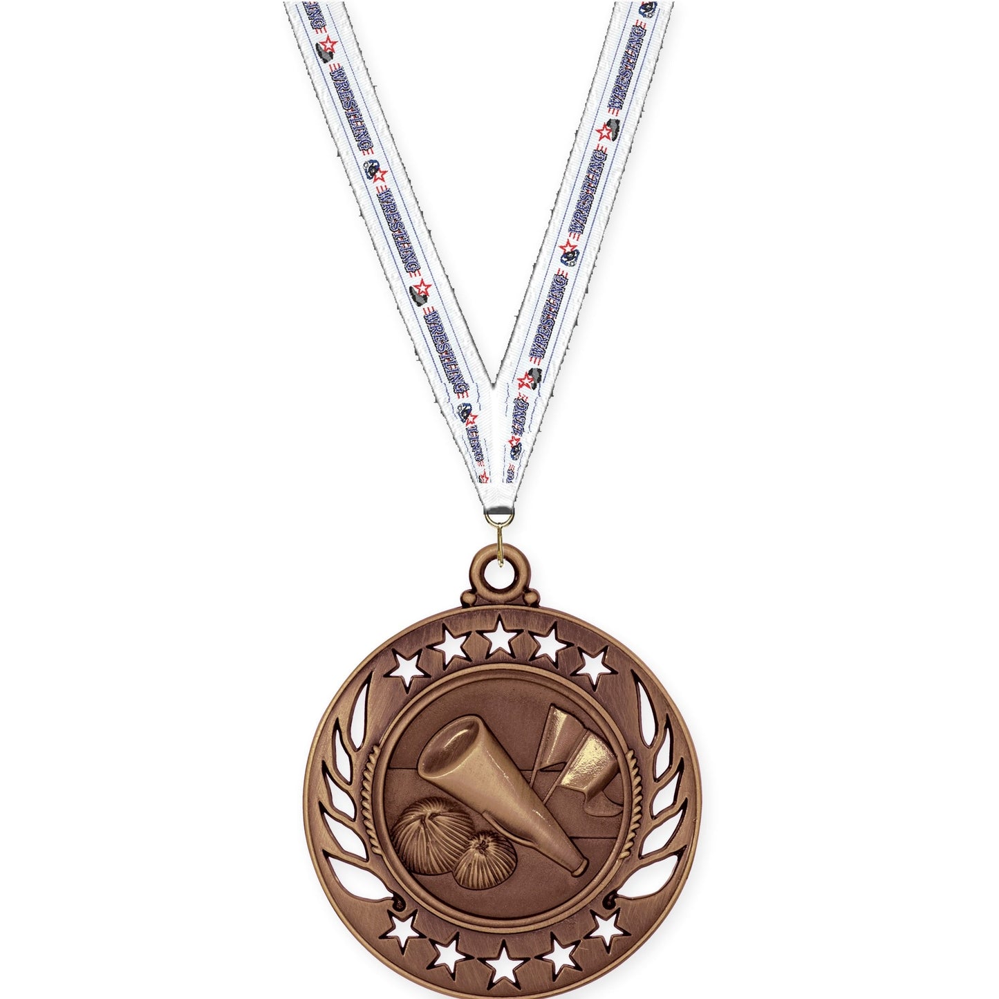 2 1/4 inch cheerleading Galaxy medal in antique bronze with Wrestling neck ribbon