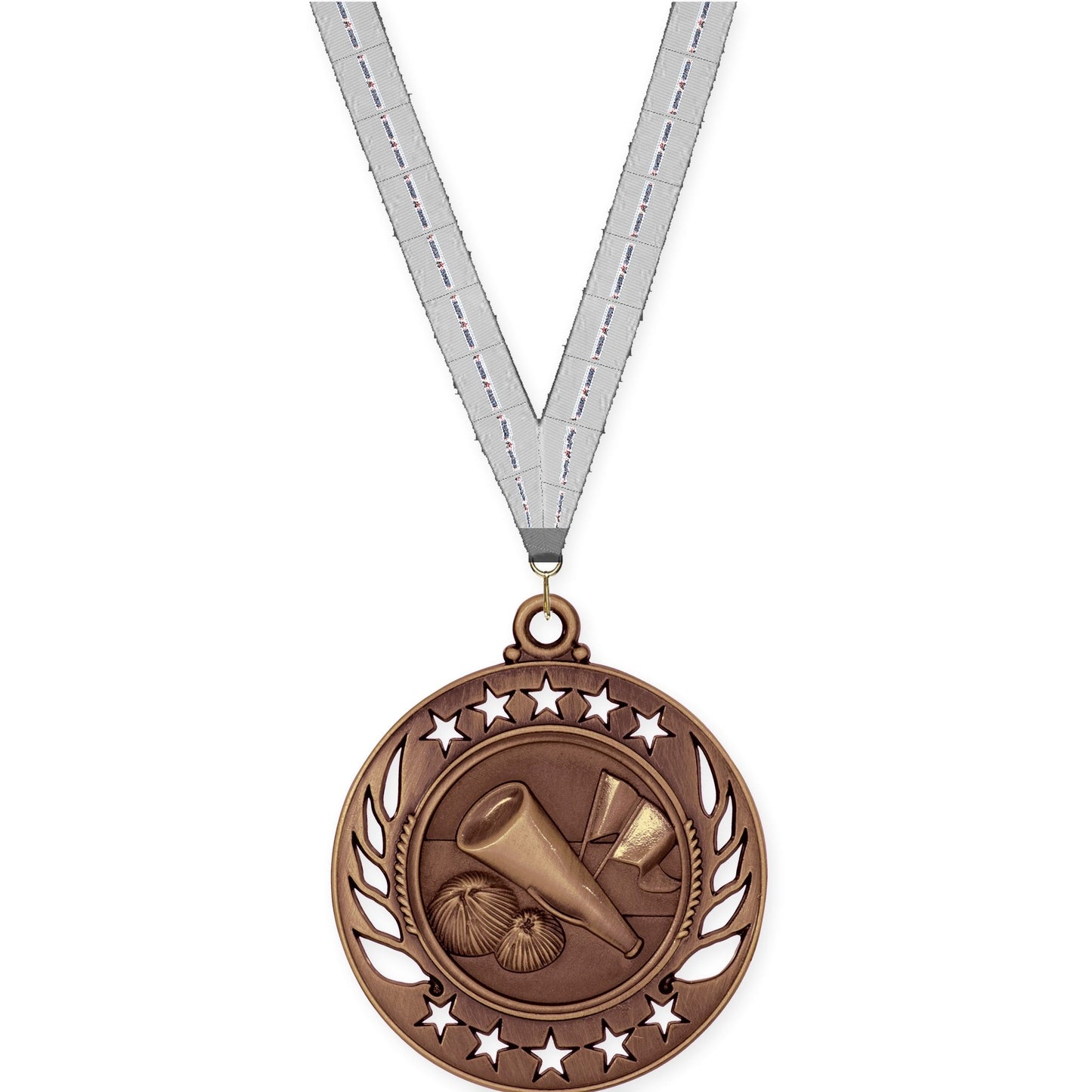 2 1/4 inch cheerleading Galaxy medal in antique bronze with Auto Racing neck ribbon
