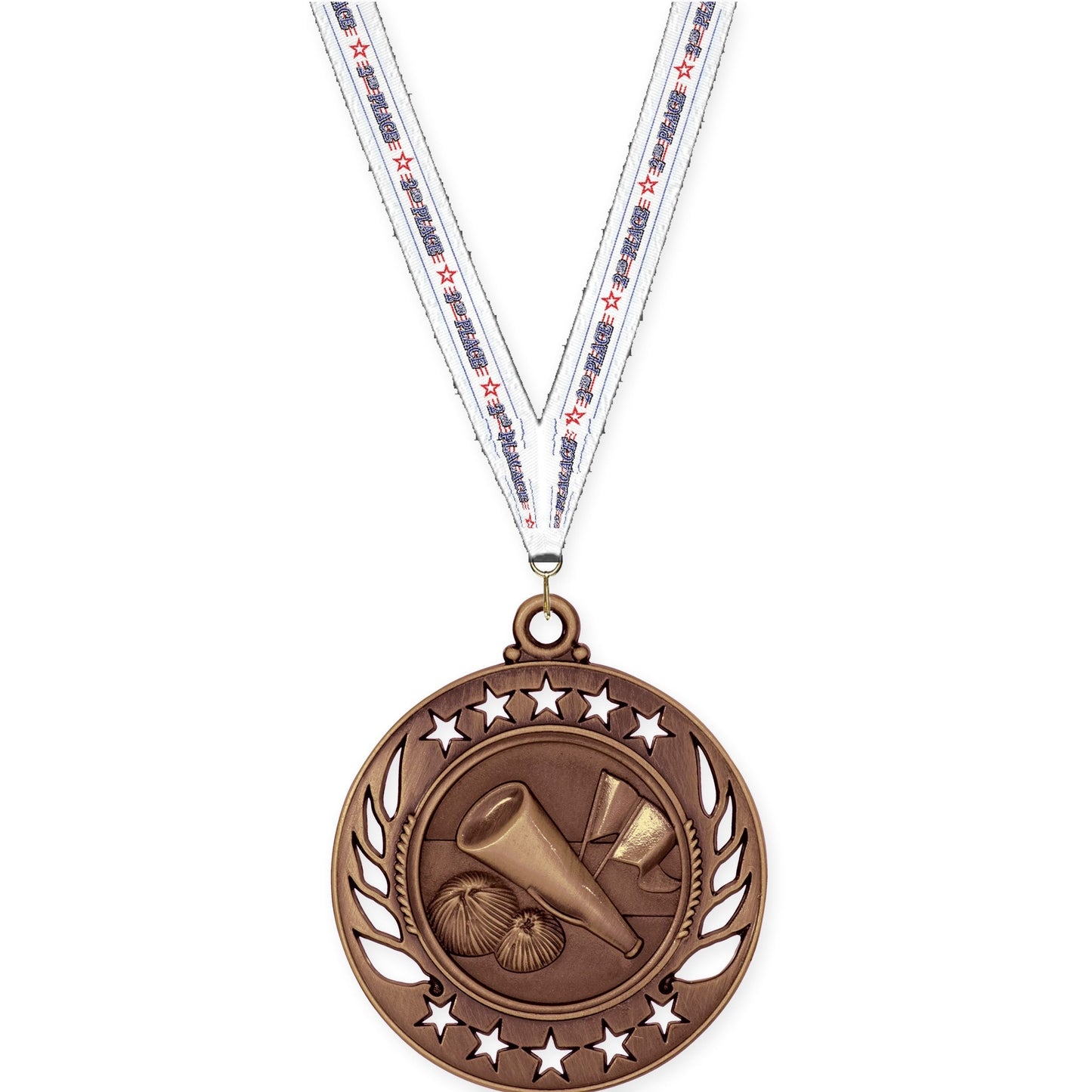 2 1/4 inch cheerleading Galaxy medal in antique bronze with 2nd Place neck ribbon