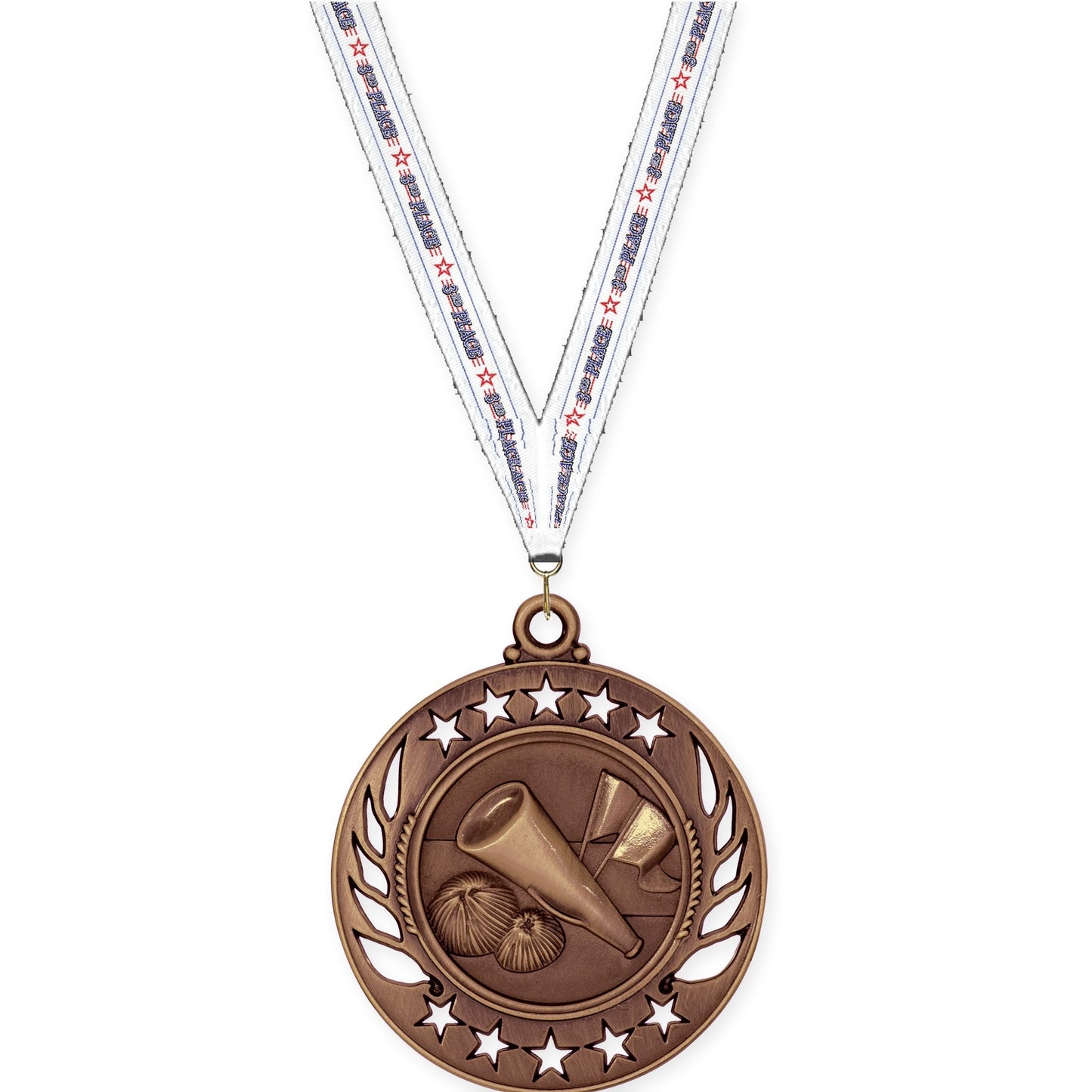 2 1/4 inch cheerleading Galaxy medal in antique bronze with 3rd Place neck ribbon