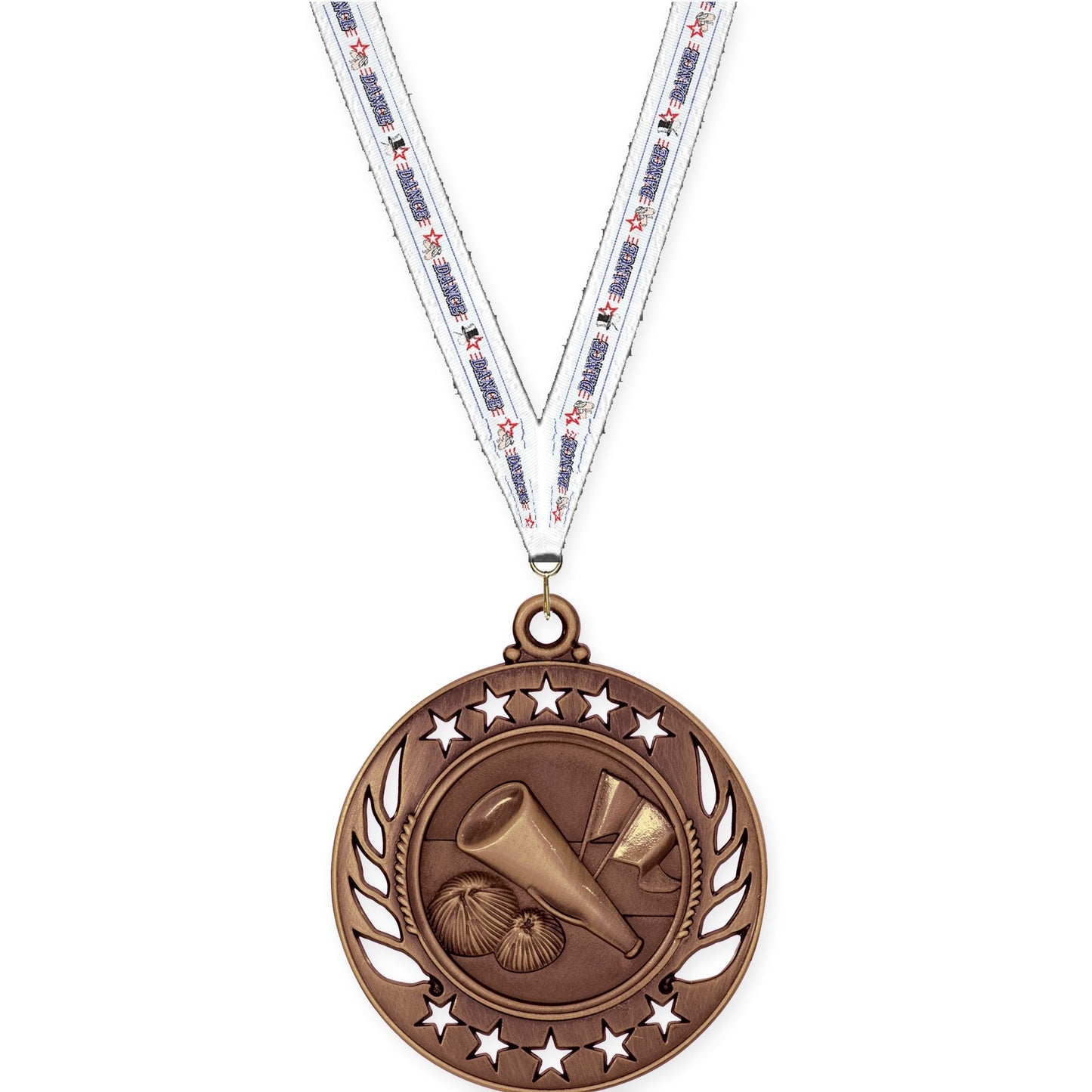 2 1/4 inch cheerleading Galaxy medal in antique bronze with Dance neck ribbon