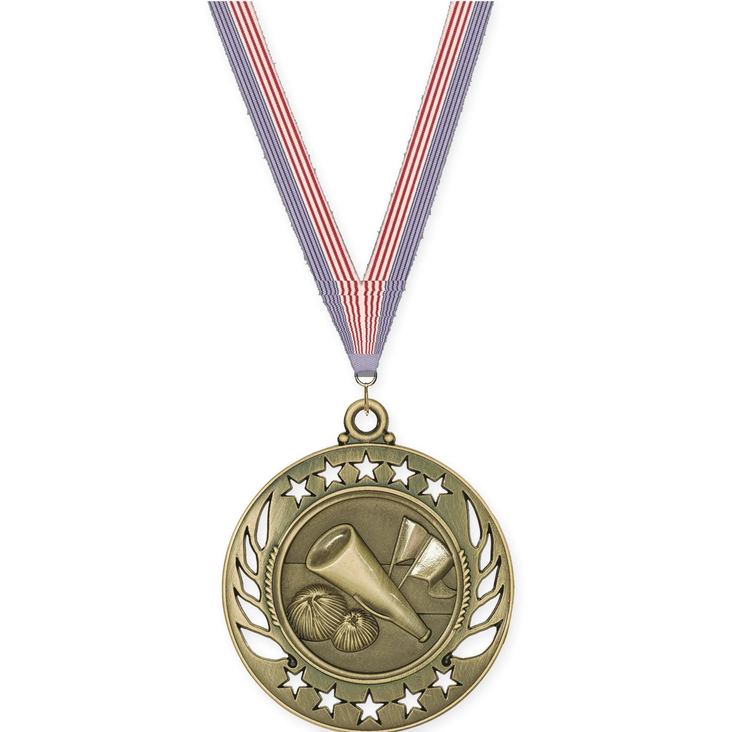 2 1/4 inch cheerleading Galaxy medal in antique gold with USA Flag neck ribbon