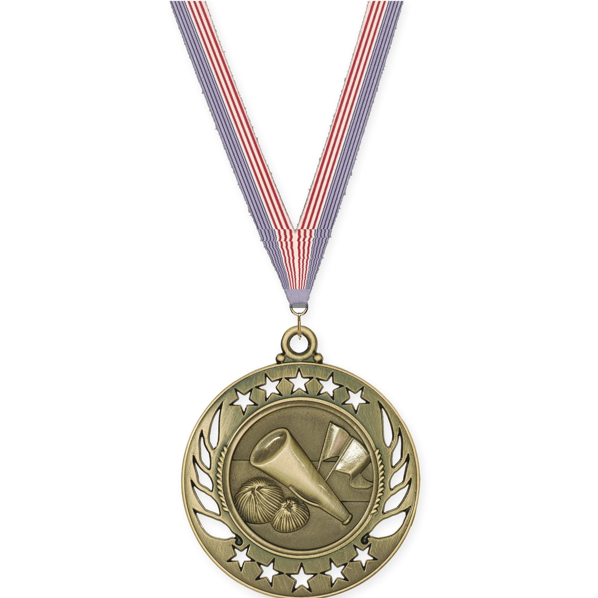 2 1/4 inch cheerleading Galaxy medal in antique gold with USA Flag neck ribbon