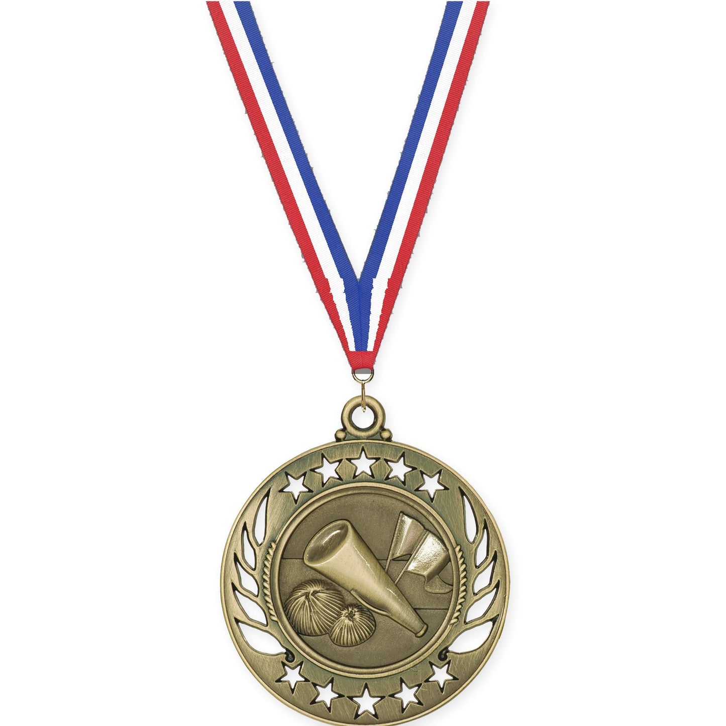 2 1/4 inch cheerleading Galaxy medal in antique gold with Red White Blue neck ribbon