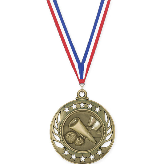 2 1/4 inch cheerleading Galaxy medal in antique gold with Red White Blue neck ribbon