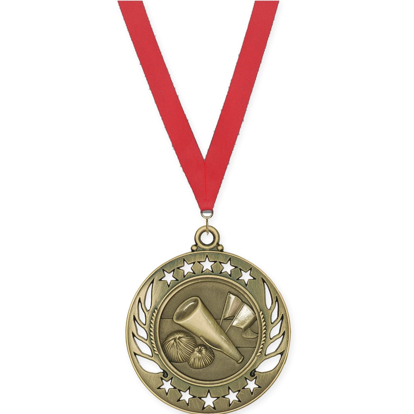 2 1/4 inch cheerleading Galaxy medal in antique gold with Red neck ribbon