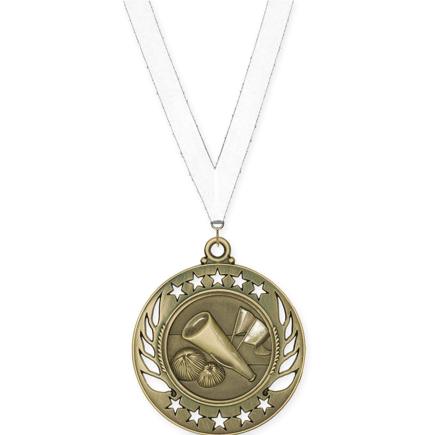 2 1/4 inch cheerleading Galaxy medal in antique gold with White neck ribbon
