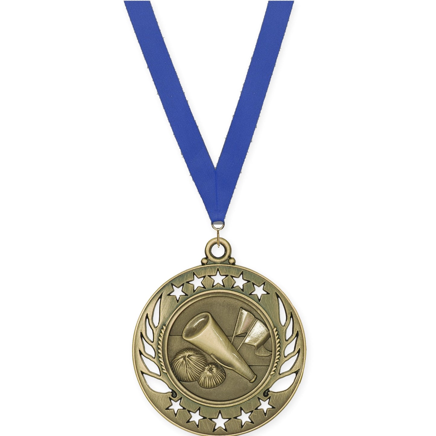 2 1/4 inch cheerleading Galaxy medal in antique gold with Blue neck ribbon