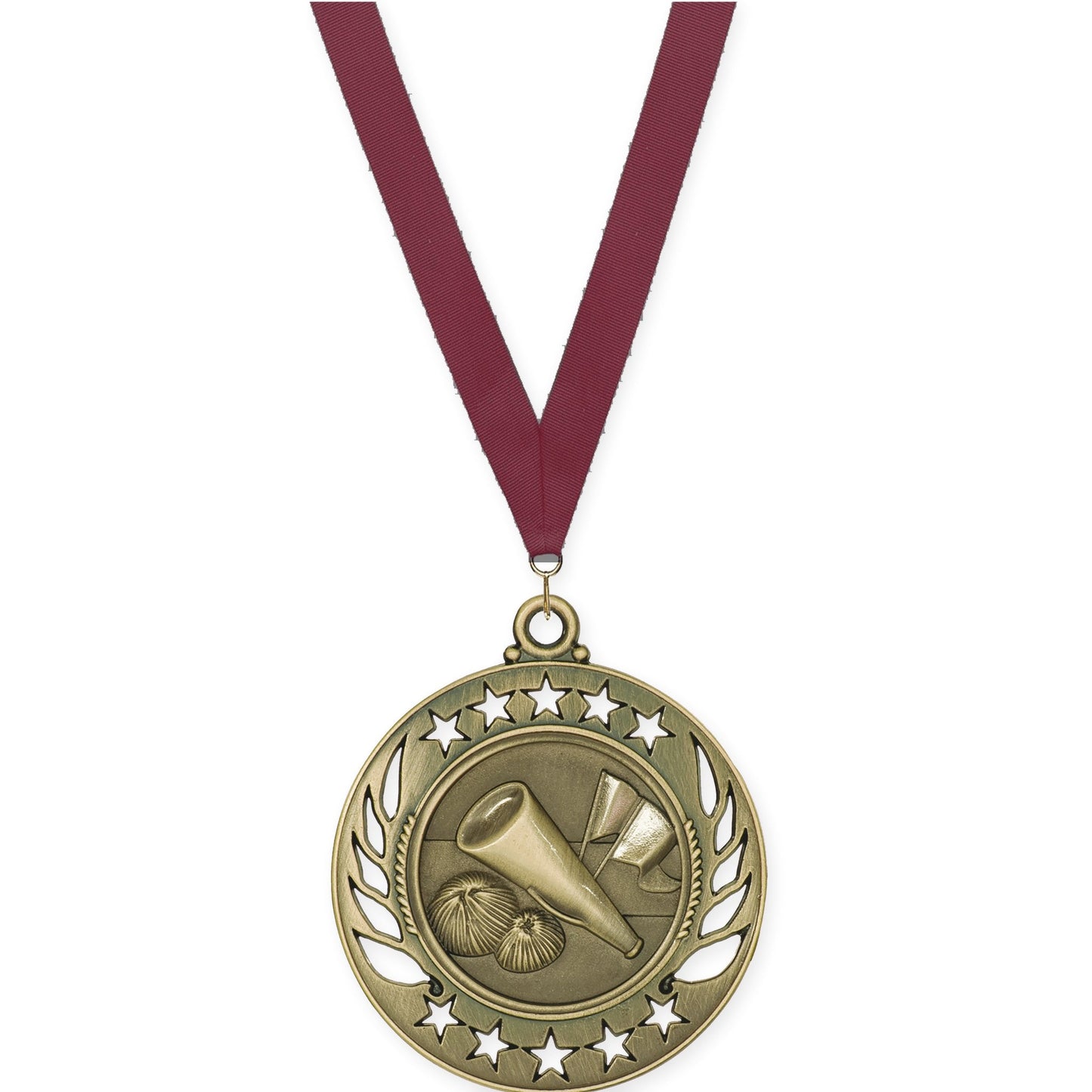 2 1/4 inch cheerleading Galaxy medal in antique gold with Maroon neck ribbon
